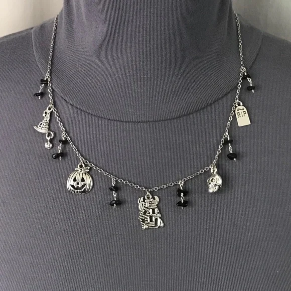 “All Hallows Eve" Handmade Silver Halloween Charm Necklace Haunted House Pumpkin - Picture 6 of 15